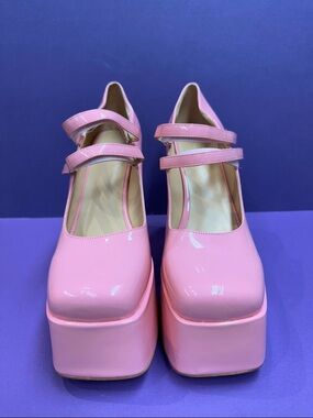 Glossy Pink Double-Strap Platform Mary Janes
